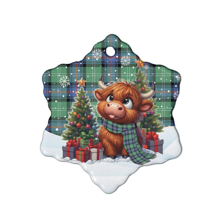 Scottish Sutherland Old Ancient Clan Tartan Ceramic Ornament Cute Highland Cow Christmas Snow Flake Style Tartan Plaid