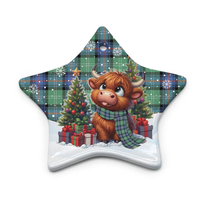 Scottish Sutherland Old Ancient Clan Tartan Ceramic Ornament Cute Highland Cow Christmas Star Style Tartan Plaid