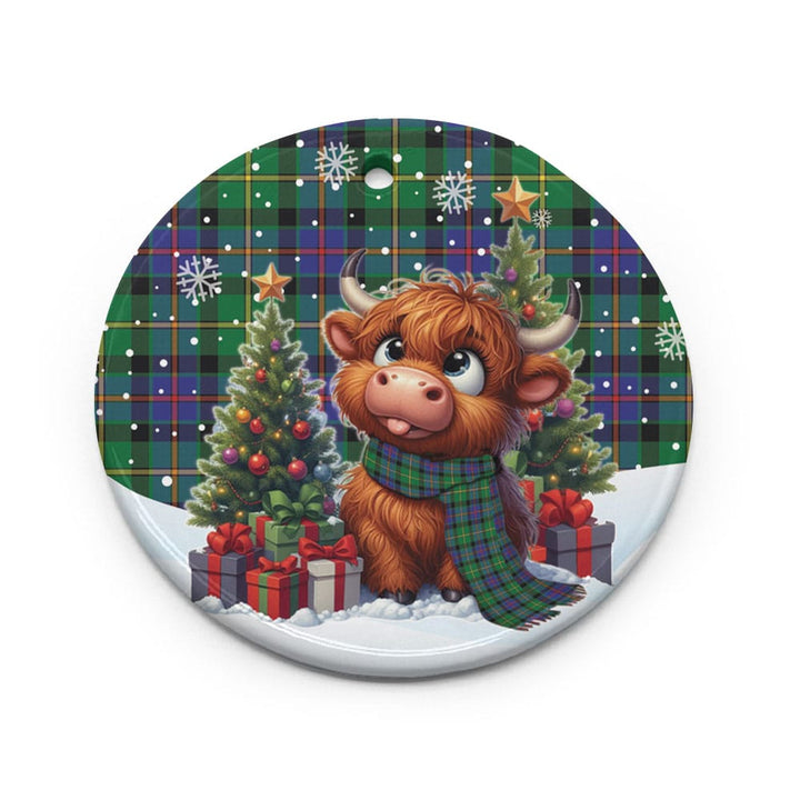 Scottish Tait Modern Clan Tartan Ceramic Ornament Cute Highland Cow Christmas Circle Style Tartan Plaid