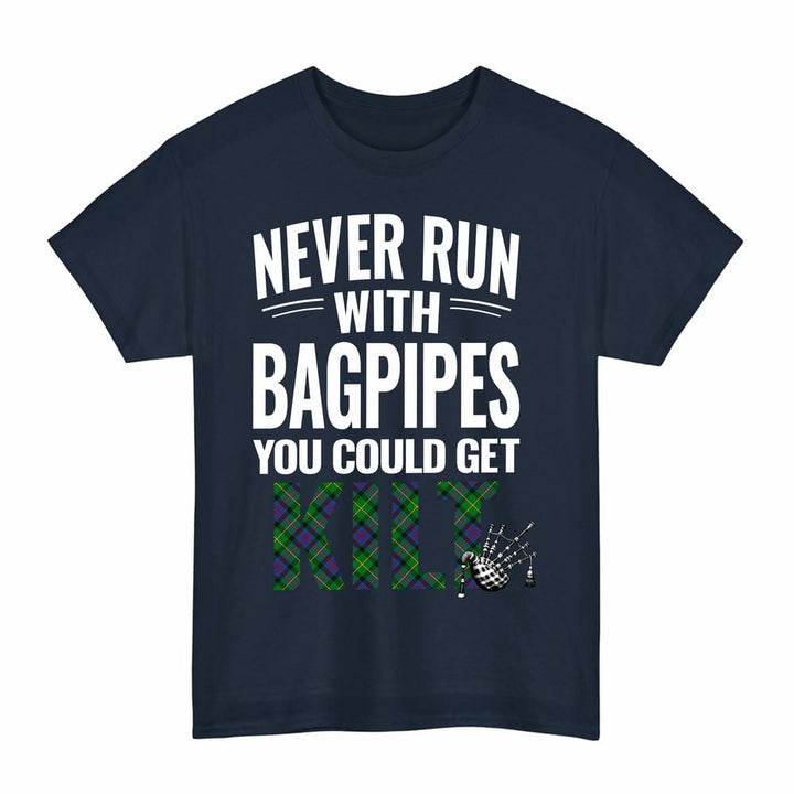 Scottish Tait Modern Clan Tartan Never Run With Bagpipes T-Shirt Tartan Plaid Navy Color