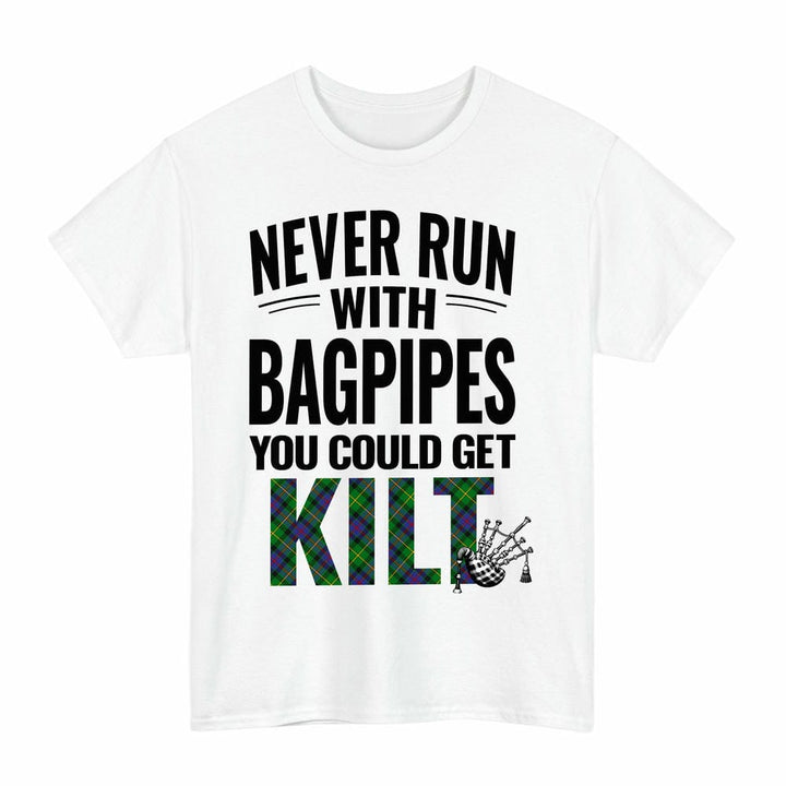 Scottish Tait Modern Clan Tartan Never Run With Bagpipes T-Shirt Tartan Plaid White Color