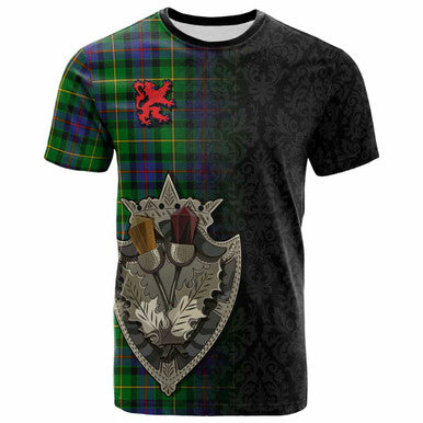 Scottish Tait Modern Clan Tartan T-Shirt - Half Thistle Flowers Celtic Design Front Side Tartan Plaid