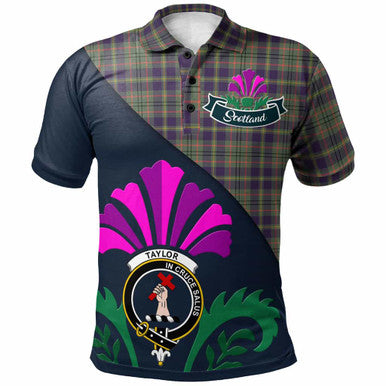 Scottish Taylor Clan Crest Tartan Polo Shirt - Scotland Thistle Style Front Side Tartan Plaid