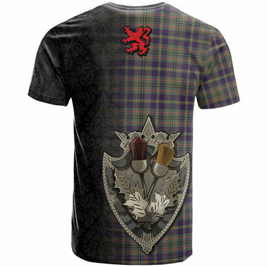 Scottish Taylor Clan Crest Tartan T-Shirt - Half Thistle Flowers Celtic Design Back Side Tartan Plaid