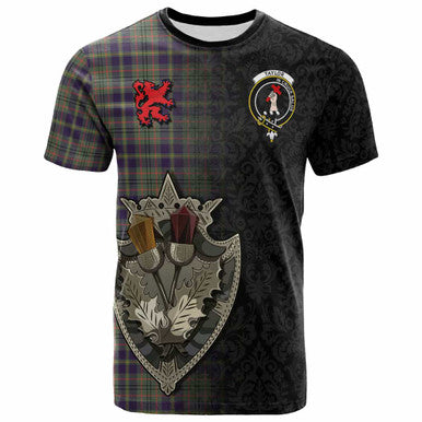 Scottish Taylor Clan Crest Tartan T-Shirt - Half Thistle Flowers Celtic Design Front Side Tartan Plaid