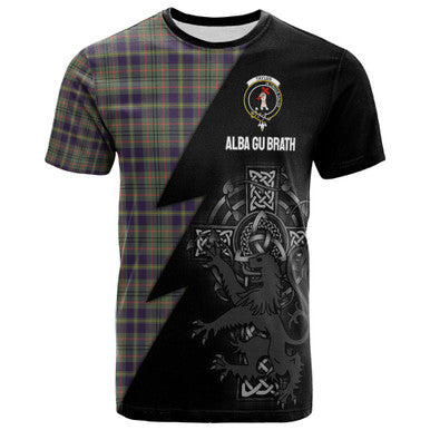 Scottish Taylor Clan Crest Tartan T-Shirt - Lion Rampant Celtic Cross Flash Style Front Side Tartan Plaid