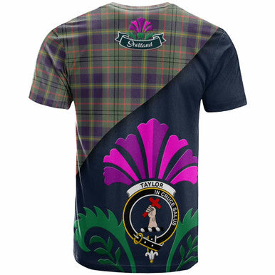 Scottish Taylor Clan Crest Tartan T-Shirt - Scotland Thistle Style Back Side Tartan Plaid