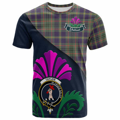 Scottish Taylor Clan Crest Tartan T-Shirt - Scotland Thistle Style Front Side Tartan Plaid