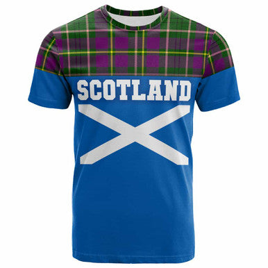 Scottish Taylor Clan Tartan T-Shirt - Lion Rampant of Scotland With Flag Front Side Tartan Plaid