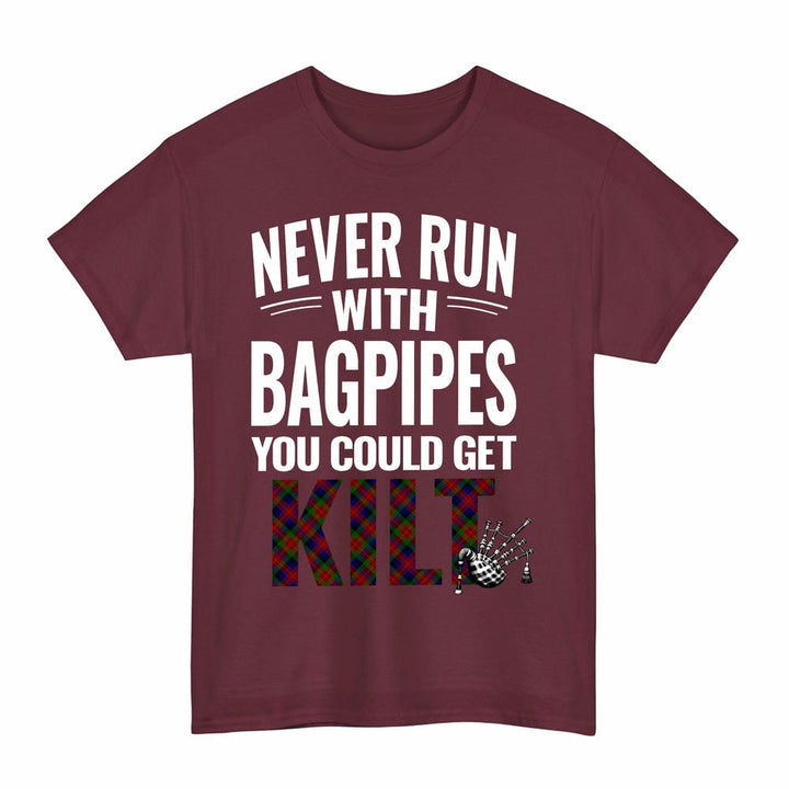 Scottish Tennant Clan Tartan Never Run With Bagpipes T-Shirt Tartan Plaid Maroon Color