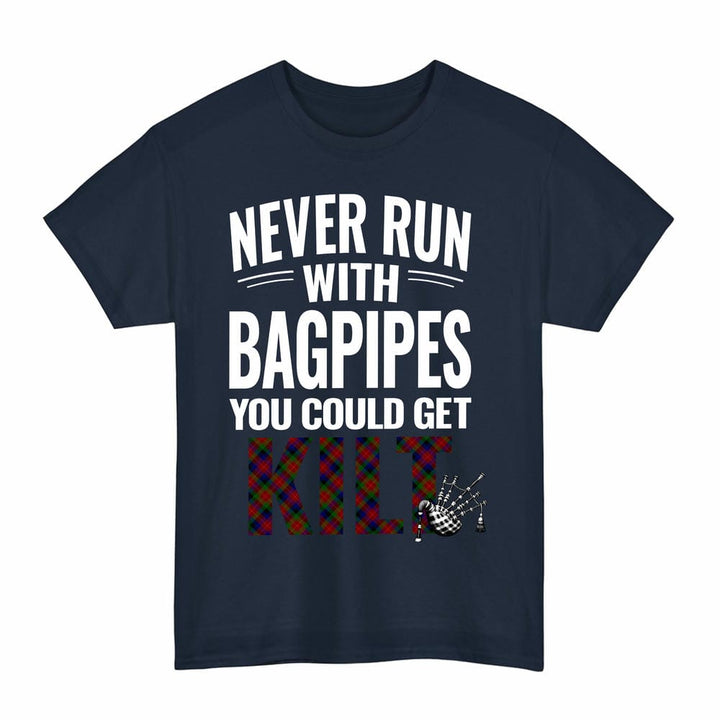 Scottish Tennant Clan Tartan Never Run With Bagpipes T-Shirt Tartan Plaid Navy Color