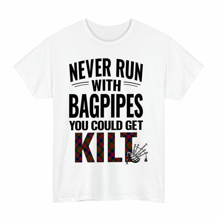 Scottish Tennant Clan Tartan Never Run With Bagpipes T-Shirt Tartan Plaid White Color