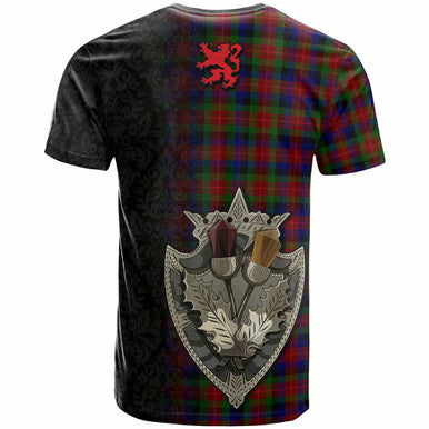 Scottish Tennant Clan Tartan T-Shirt - Half Thistle Flowers Celtic Design Back Side Tartan Plaid