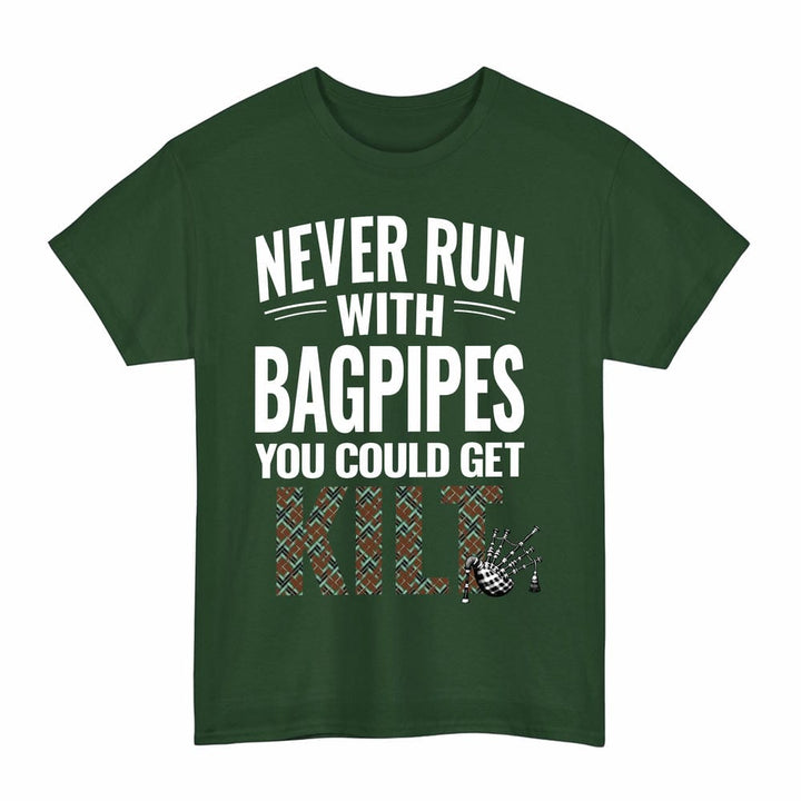 Scottish Thomson Hunting Modern Clan Tartan Never Run With Bagpipes T-Shirt Tartan Plaid Forest Green Color