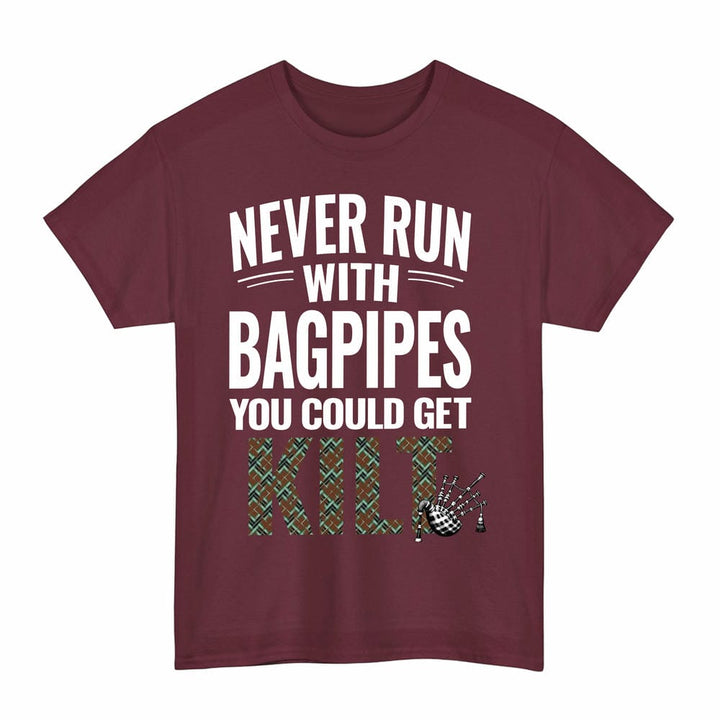Scottish Thomson Hunting Modern Clan Tartan Never Run With Bagpipes T-Shirt Tartan Plaid Maroon Color