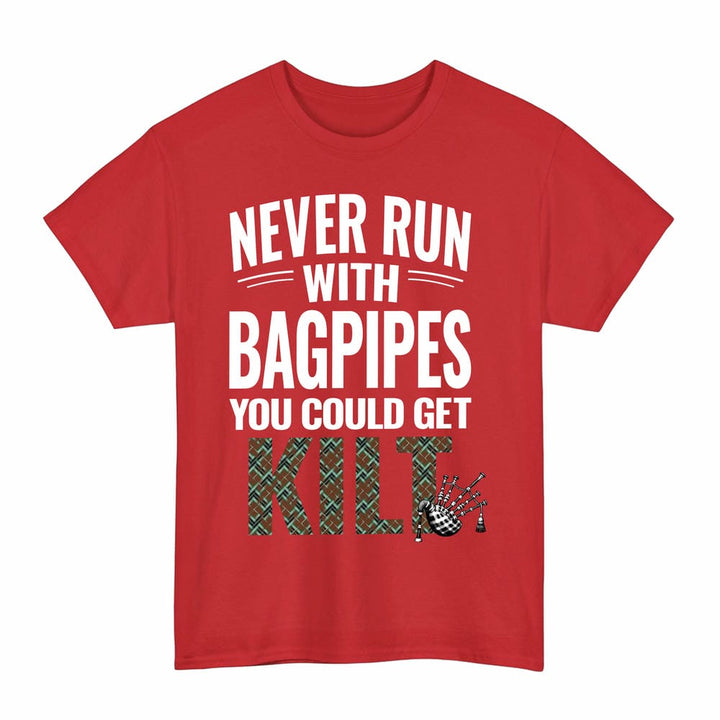 Scottish Thomson Hunting Modern Clan Tartan Never Run With Bagpipes T-Shirt Tartan Plaid Red Color