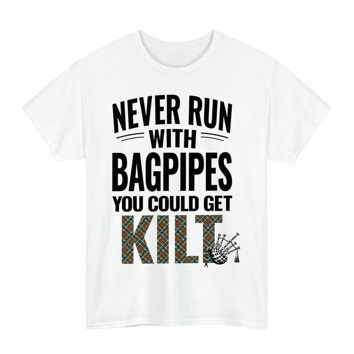 Scottish Thomson Hunting Modern Clan Tartan Never Run With Bagpipes T-Shirt Tartan Plaid White Color