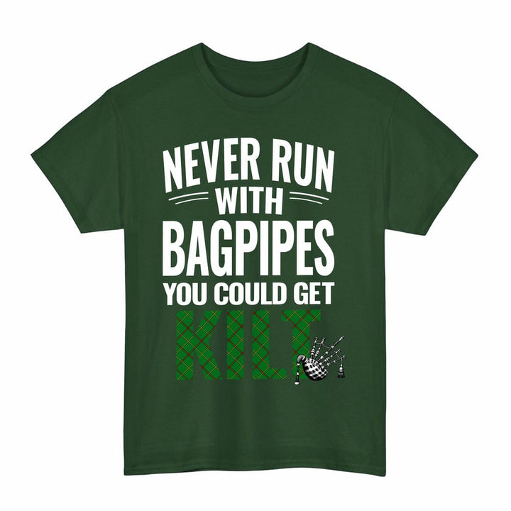Scottish Tribe of Mar Clan Tartan Never Run With Bagpipes T-Shirt Tartan Plaid Forest Green Color