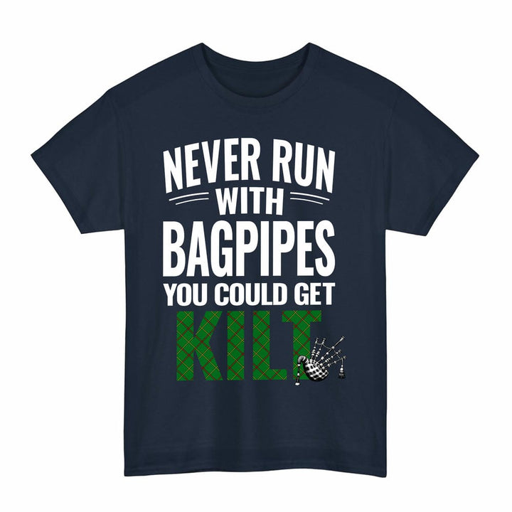 Scottish Tribe of Mar Clan Tartan Never Run With Bagpipes T-Shirt Tartan Plaid Navy Color