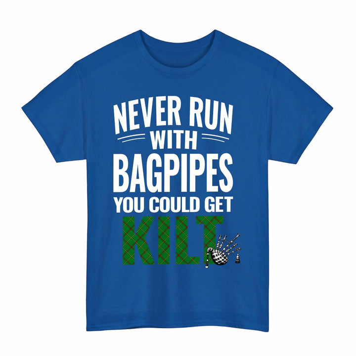 Scottish Tribe of Mar Clan Tartan Never Run With Bagpipes T-Shirt Tartan Plaid Royal Color
