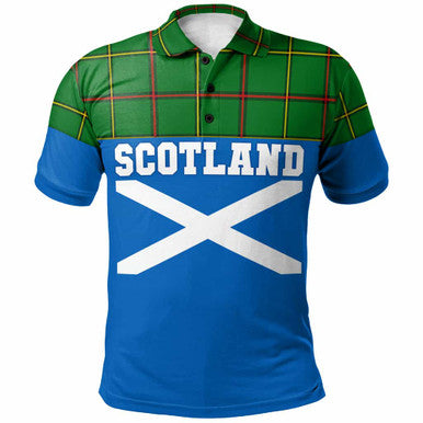 Scottish Tribe of Mar Clan Tartan Polo Shirt - Lion Rampant of Scotland With Flag Front Side Tartan Plaid