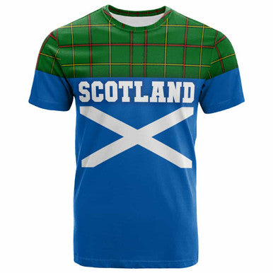 Scottish Tribe of Mar Clan Tartan T-Shirt - Lion Rampant of Scotland With Flag Front Side Tartan Plaid