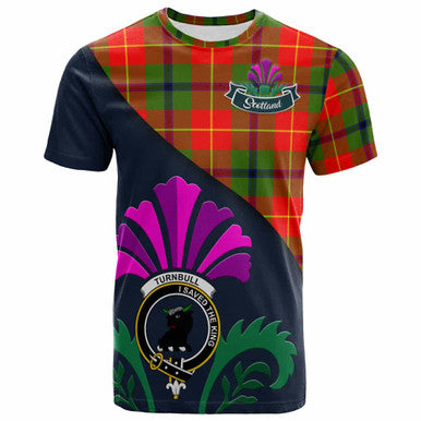Scottish Turnbull Clan Crest Tartan T-Shirt - Scotland Thistle Style Front Side Tartan Plaid