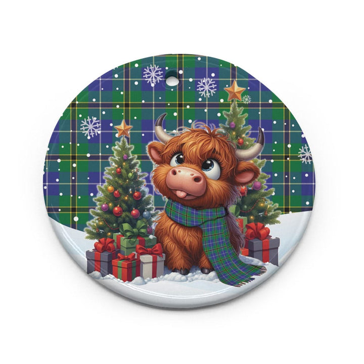 Scottish Turnbull Hunting Clan Tartan Ceramic Ornament Cute Highland Cow Christmas Circle Style Tartan Plaid