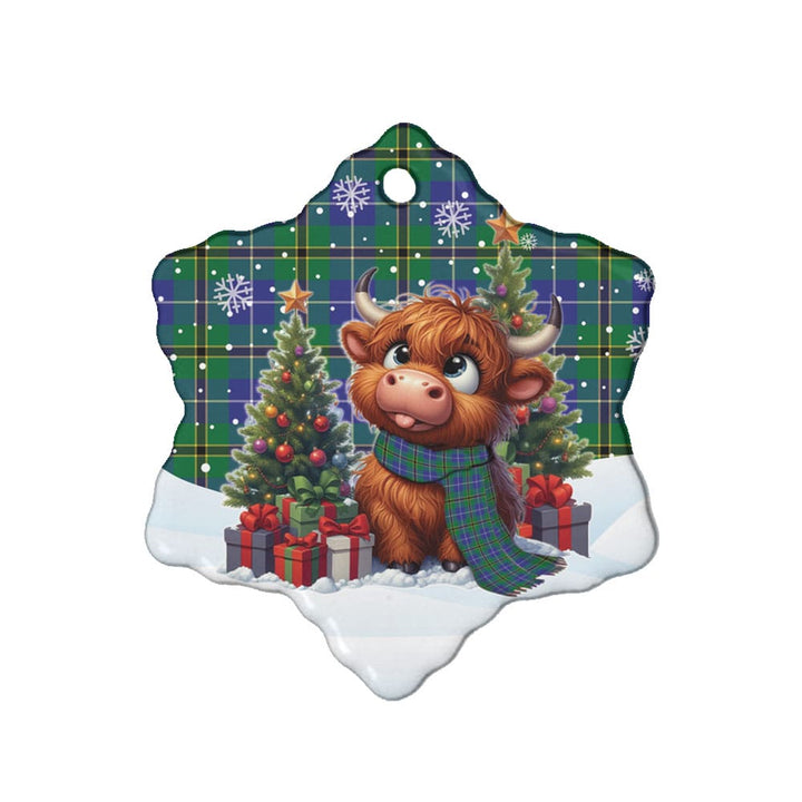 Scottish Turnbull Hunting Clan Tartan Ceramic Ornament Cute Highland Cow Christmas Snow Flake Style Tartan Plaid