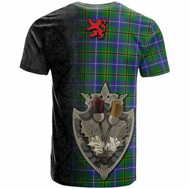 Scottish Turnbull Hunting Clan Tartan T-Shirt - Half Thistle Flowers Celtic Design Back Side Tartan Plaid