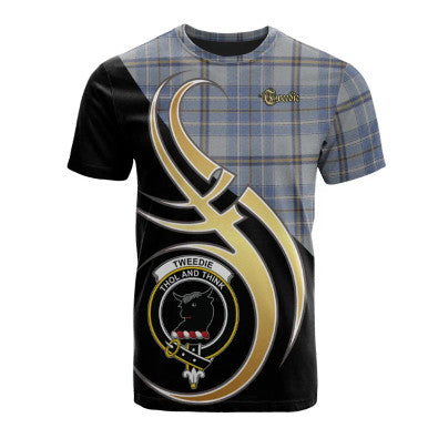 Scottish Tweedie Clan Crest Tartan T-Shirt Believe in Me Front Side Tartan Plaid