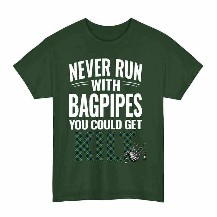 Scottish Tweedside District Clan Tartan Never Run With Bagpipes T-Shirt Tartan Plaid Forest Green Color