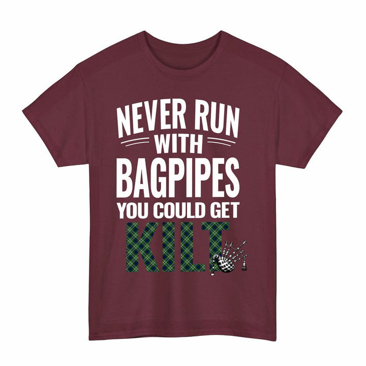 Scottish Tweedside District Clan Tartan Never Run With Bagpipes T-Shirt Tartan Plaid Maroon Color