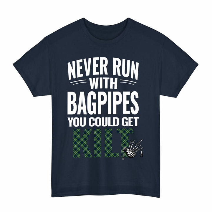 Scottish Tweedside District Clan Tartan Never Run With Bagpipes T-Shirt Tartan Plaid Navy Color