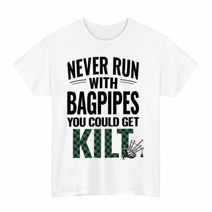 Scottish Tweedside District Clan Tartan Never Run With Bagpipes T-Shirt Tartan Plaid White Color