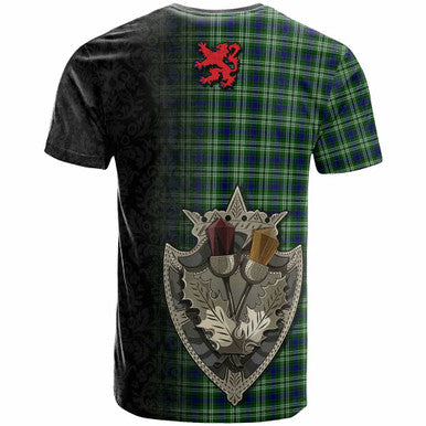 Scottish Tweedside District Clan Tartan T-Shirt - Half Thistle Flowers Celtic Design Back Side Tartan Plaid
