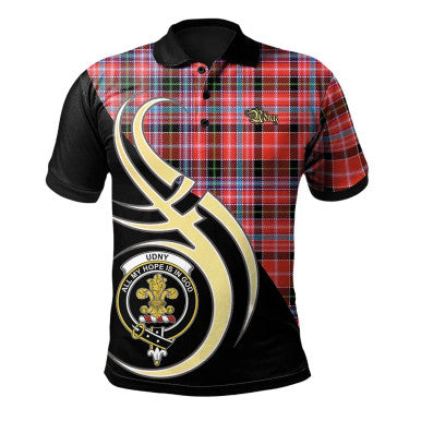 Scottish Udny Clan Crest Tartan Polo Shirt Believe in Me Front Side Tartan Plaid