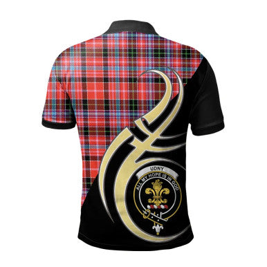Scottish Udny Clan Crest Tartan Polo Shirt Believe in Me Back Side Tartan Plaid