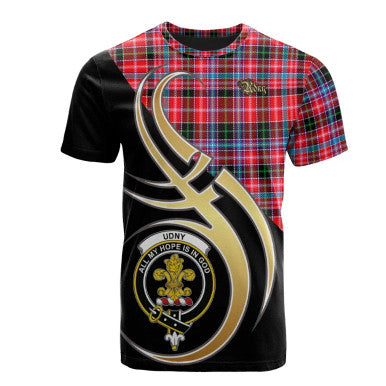 Scottish Udny Clan Crest Tartan T-Shirt Believe in Me Front Side Tartan Plaid