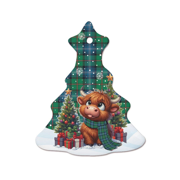 Scottish Urquhart Ancient Clan Tartan Ceramic Ornament Cute Highland Cow Christmas Tree Style Tartan Plaid