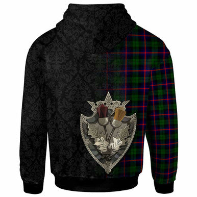 Scottish Urquhart Clan Crest Tartan Hoodie - Half Thistle Flowers Celtic Design Back Side Tartan Plaid