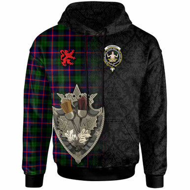 Scottish Urquhart Clan Crest Tartan Hoodie - Half Thistle Flowers Celtic Design Front Side Tartan Plaid