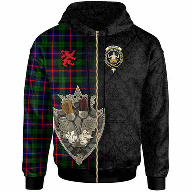 Scottish Urquhart Clan Crest Tartan Hoodie - Half Thistle Flowers Celtic Design Zip-up Tartan Plaid
