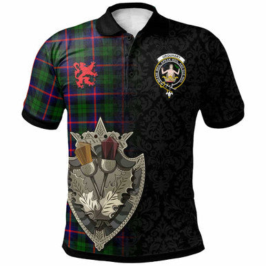 Scottish Urquhart Clan Crest Tartan Polo Shirt - Half Thistle Flowers Celtic Design Front Side Tartan Plaid