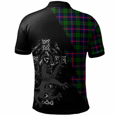 Scottish Urquhart Clan Crest Tartan Polo Shirt - Lion Rampant Celtic Cross Flash Style Back Side Tartan Plaid