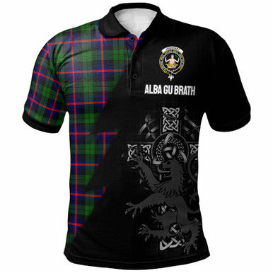 Scottish Urquhart Clan Crest Tartan Polo Shirt - Lion Rampant Celtic Cross Flash Style Front Side Tartan Plaid