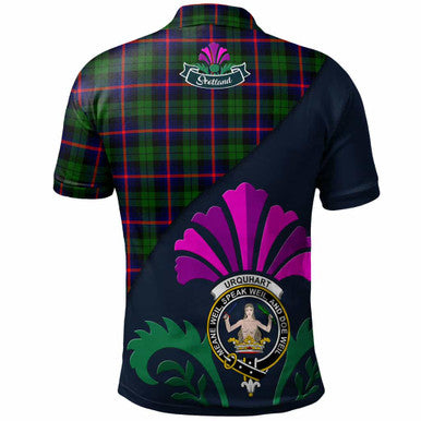 Scottish Urquhart Clan Crest Tartan Polo Shirt - Scotland Thistle Style Back Side Tartan Plaid