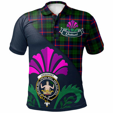 Scottish Urquhart Clan Crest Tartan Polo Shirt - Scotland Thistle Style Front Side Tartan Plaid