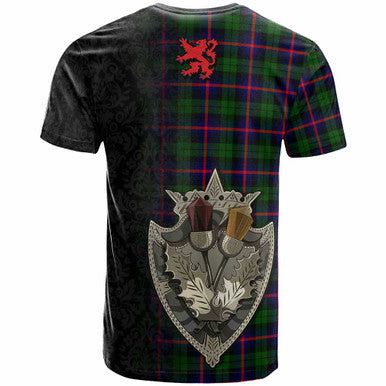 Scottish Urquhart Clan Crest Tartan T-Shirt - Half Thistle Flowers Celtic Design Back Side Tartan Plaid