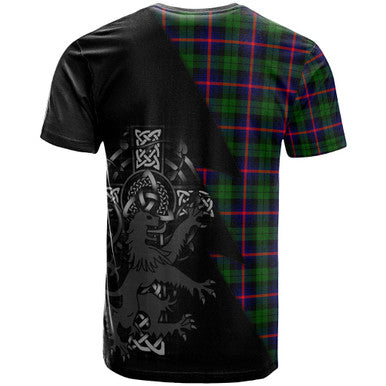 Scottish Urquhart Clan Crest Tartan T-Shirt - Lion Rampant Celtic Cross Flash Style Back Side Tartan Plaid